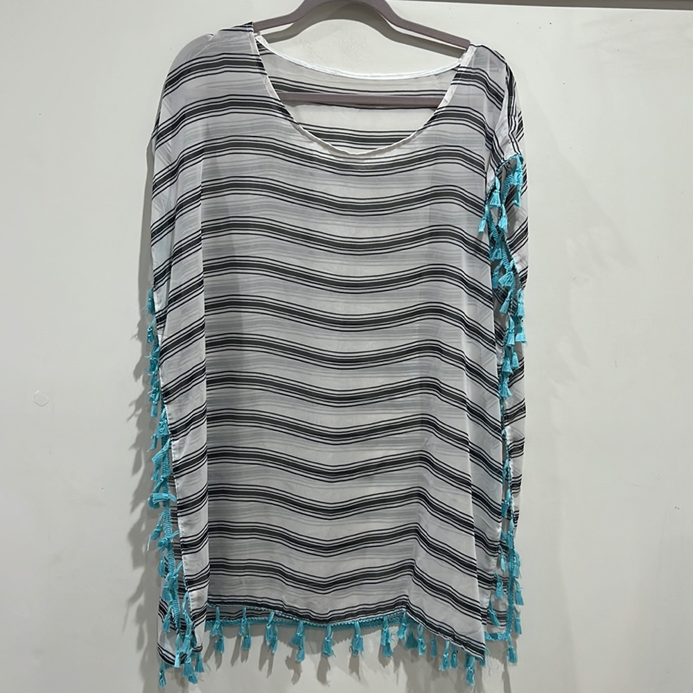 Sheer striped cover up with blue tassel